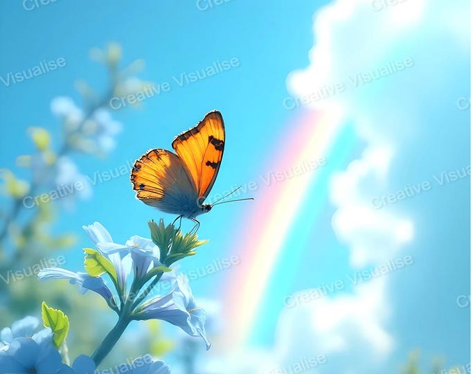 Colorful Butterfly on Flower Branch with Rainbow Cloudy Sunny Sky Landscape Art Print
