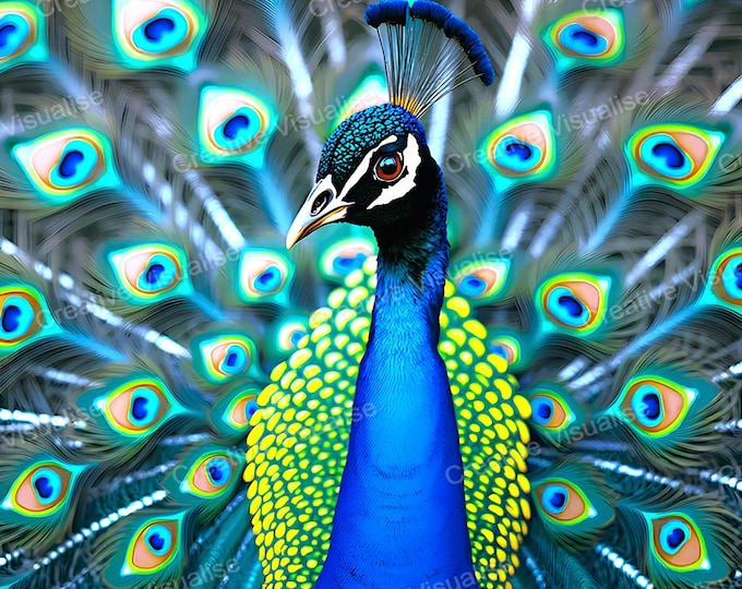Peacock with Fanned Tail Wall Art Printable | Colorful Bird Digital Download PDF & PNG