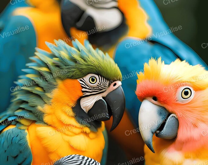 Macaw, Parrot and Lovebird Wall Art Printable | Colorful Tropical Birds Digital Download PDF & PNG
