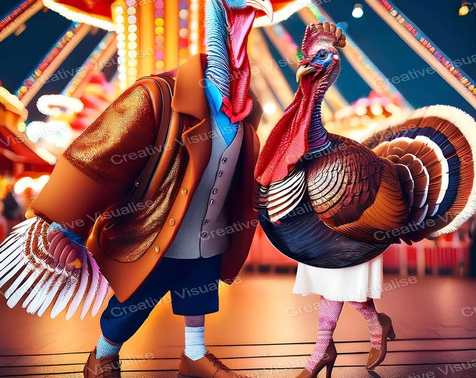 A fantasy photo of turkeys in Love with Fancy Clothes at a colorful night amusement park