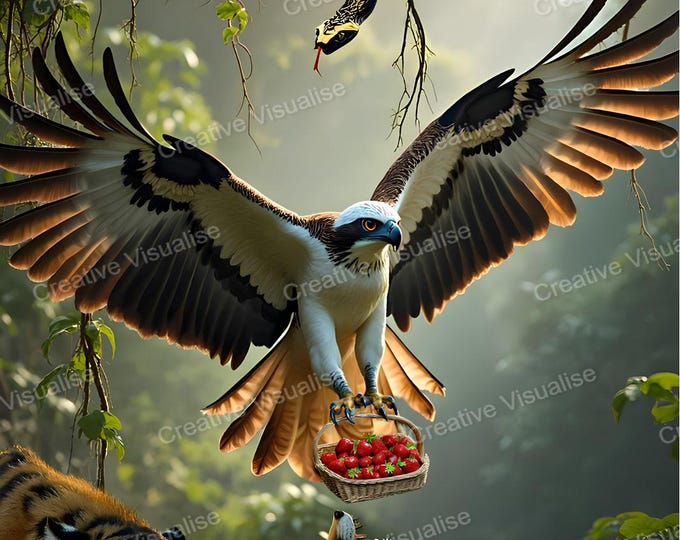 Eagle Carrying Basket of Strawberries as Fox, Tiger, and Snake Reach from Forest Tree