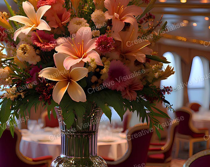 Flower Bouquet in Glass Vase with Elegant Glassware – Beach Restaurant Table Setting Wall Art