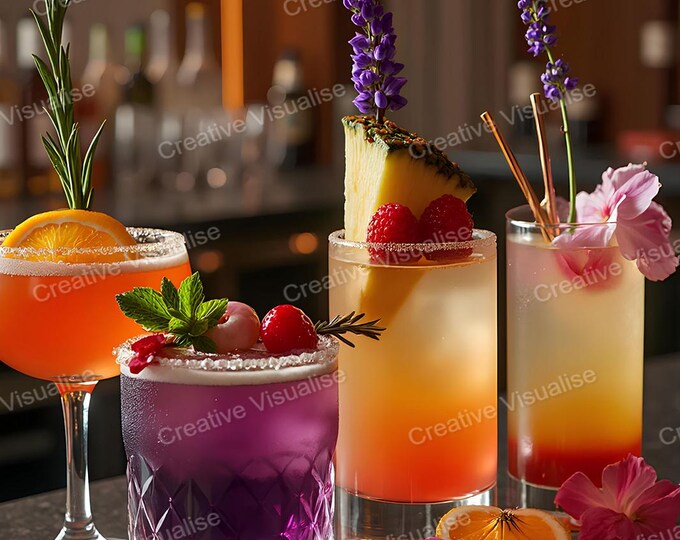 Assorted Fruit-Garnished Cocktails with Cherry, Pineapple, and Orange Slices on Bar Table