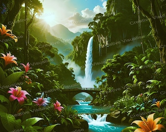 Üppiger Wald, Wasserfall, Flusstal mit Brücke, Blumen, Sonnenlicht und Berge Landschaftskunst