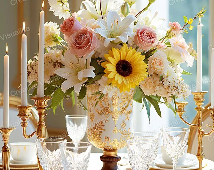 Elegant Royal Dinner Table Setting with glassware, Floral Centerpiece and Candlelight Romantic Dining Decor