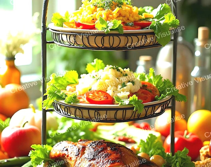 Three-Tier Serving Dish with Roast Turkey, Potatoes, and Macaroni with Vegetables – Kitchen Dining Scene
