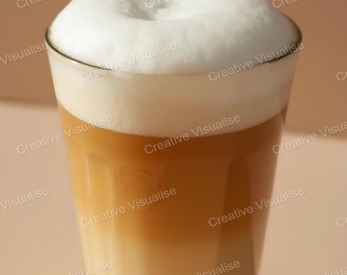 Close-Up Glass of Cappuccino Topped with Smooth Frothy Milk on Table Surface Wall Art