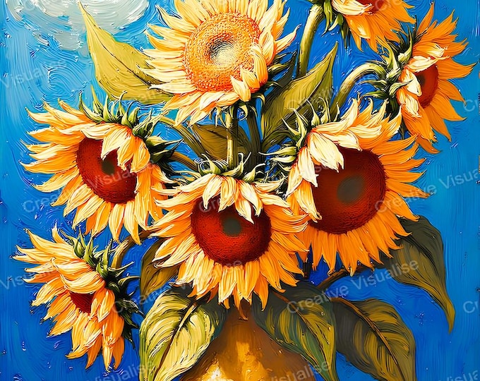 Sunflower Bouquet in Golden Vase Printable Wall Art Blue Sky Floral Digital Download Decor