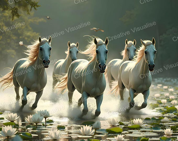 Herd of White Wild Horses Running Through Lotus-Filled Forest Shallow River