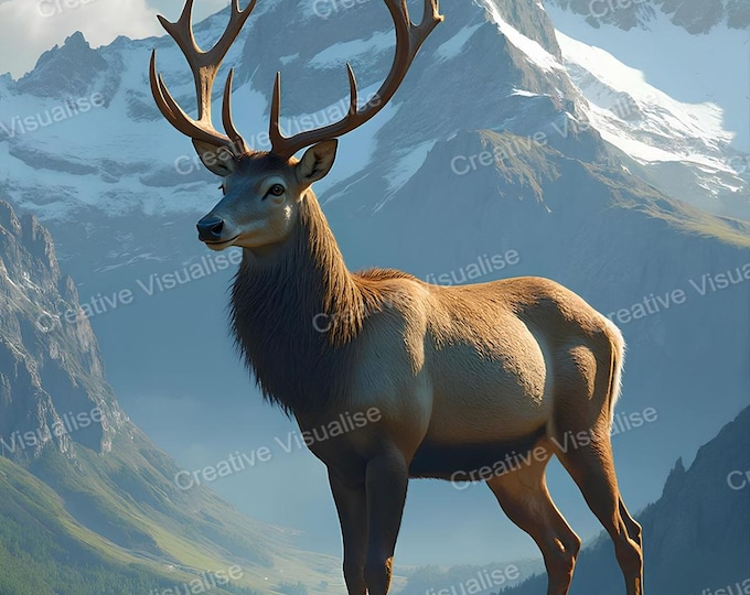 Caribou Deer Standing in Mountain Landscape with Snowy Peak Rising in Background
