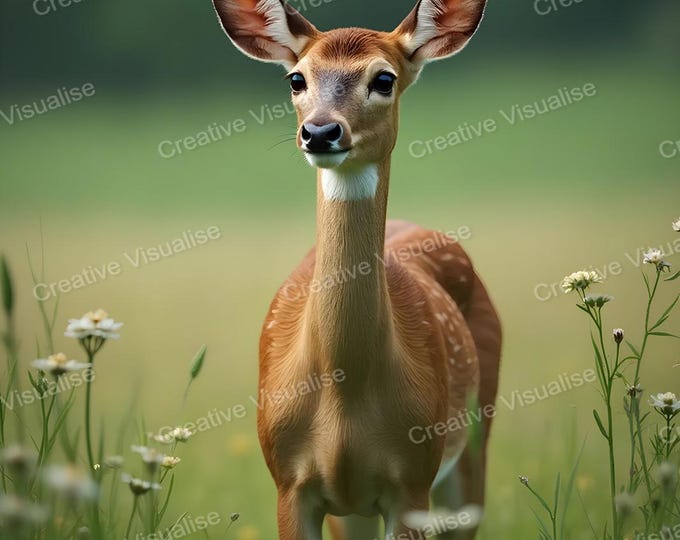 Close-Up Portrait of Baby Deer Standing in Grassy Field Landscape