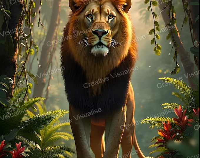 Lion Standing Alone in Forest with Flowers – Majestic Wildlife Nature Wall Art
