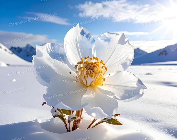 Yellow and White Ice Flowers Blooming Across Snowy Polar Landscape in Bright Winter Light