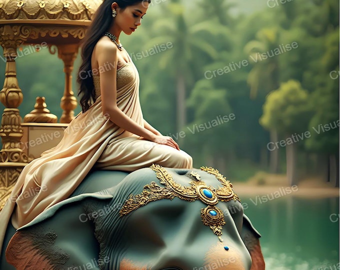 Royal Lady Riding Elephant Carrying Small Hut Along Forest Riverbank Landscape Scene