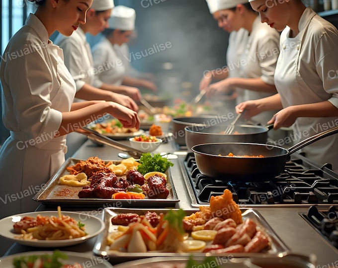 Large Professional Kitchen with Chefs Cooking and Frying Food on Stoves – Culinary Workspace Scene