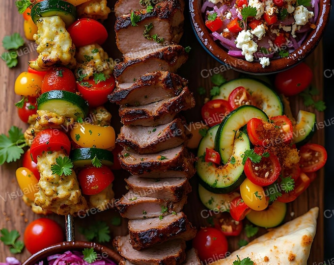 Grilled Meat and Chicken Skewers with Salads, Bread, and Vegetable Garnishes on Kitchen Table