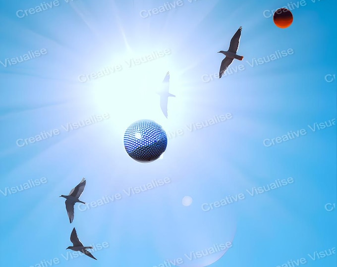 Birds Flying with Balls in Sky Printable Wall Art, Digital PNG PDF 300 DPI