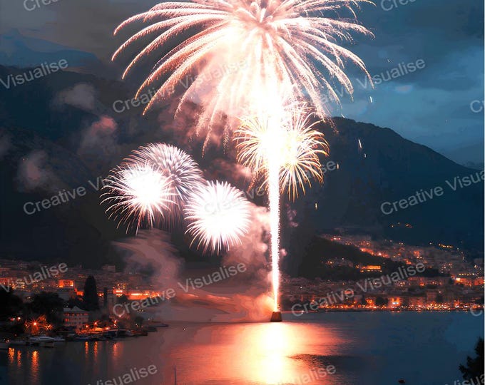 Fireworks Celebration Over Coastal Mountain City Beneath Large Glowing Moon