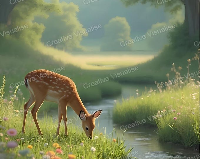 Deer Drinking Water from Forest Stream Among Grass and Wildflowers in Peaceful Landscape