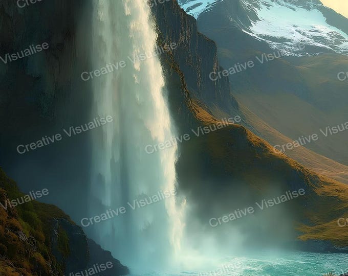Snowy Mountain Landscape with Flowing Waterfall Cascading Through Peaceful Alpine Valley
