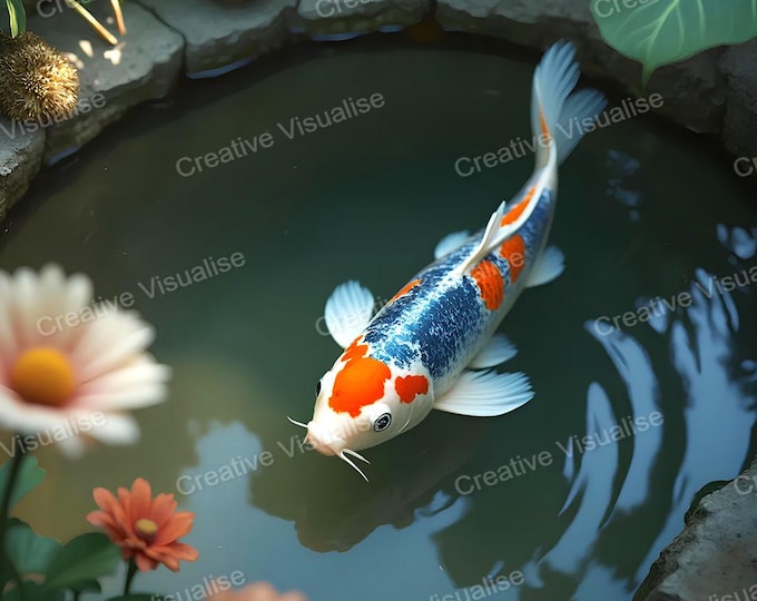 Small Orange White and Black Fish Swimming in Garden Pond with Stone Border