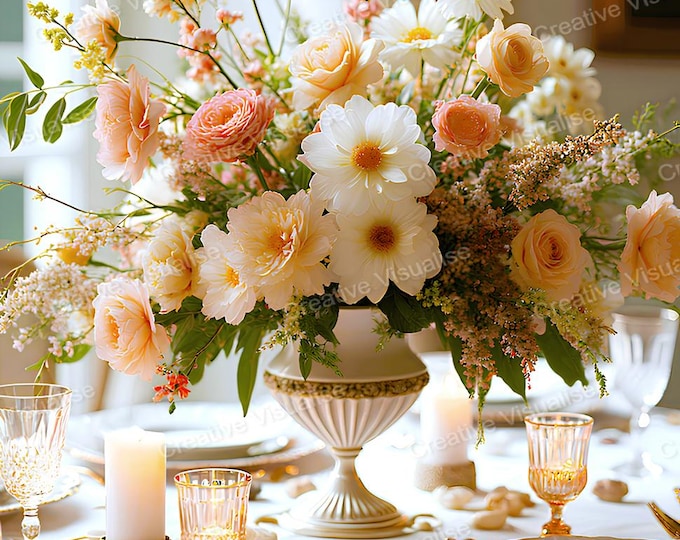 Royal Golden Table Setting with glassware, Glass Vases, Flowers, Candlelight Elegant Dining Scene