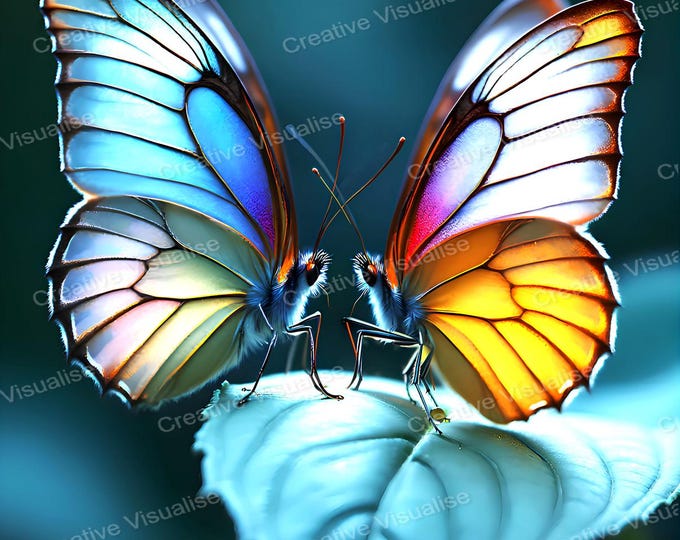 Two Colorful Butterflies Facing Each Other on Leaf Under Moonlight