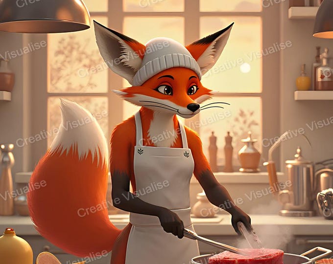 Fantasy Fox Chef Frying Meat in Pan on Stove – Whimsical Animal Cooking Scene
