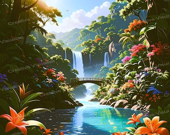 Üppiger Regenwald Wasserfall Flusstal mit Brücke und Blumen Kunstdruck