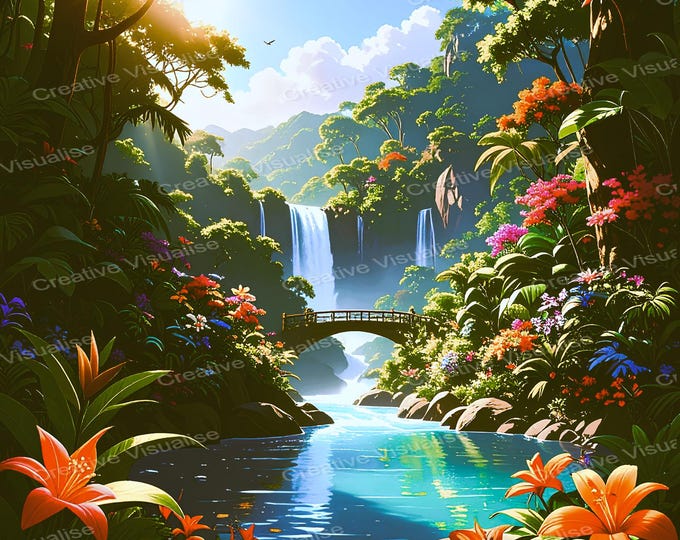 Lush Rainforest Waterfall River Valley with Bridge and Flowers Tropical Landscape Art Print