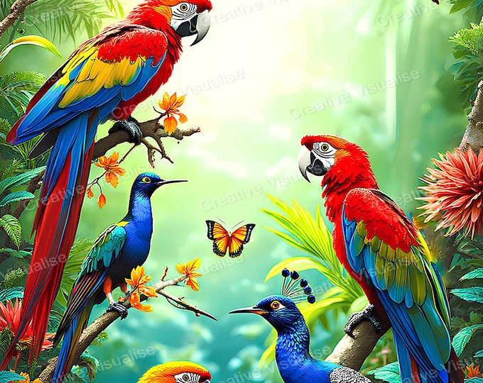 Parrots, Macaws, Peacocks, Pheasants, Hummingbirds, and Butterflies Printable Flower Garden Wall Art