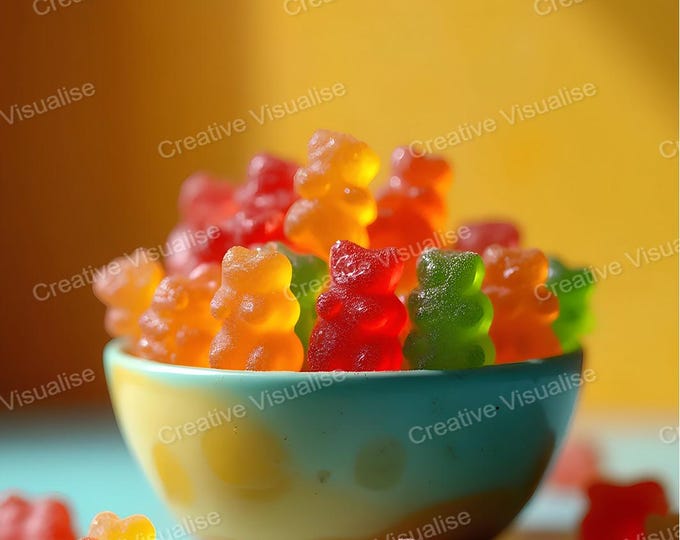 Colorful Gummy Bear Jelly Candies in Blue Bowl with Sweets Scattered Around Surface