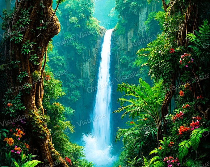 Lush Rainforest Waterfall River Valley with Flowers Tropical Nature Landscape Art Print