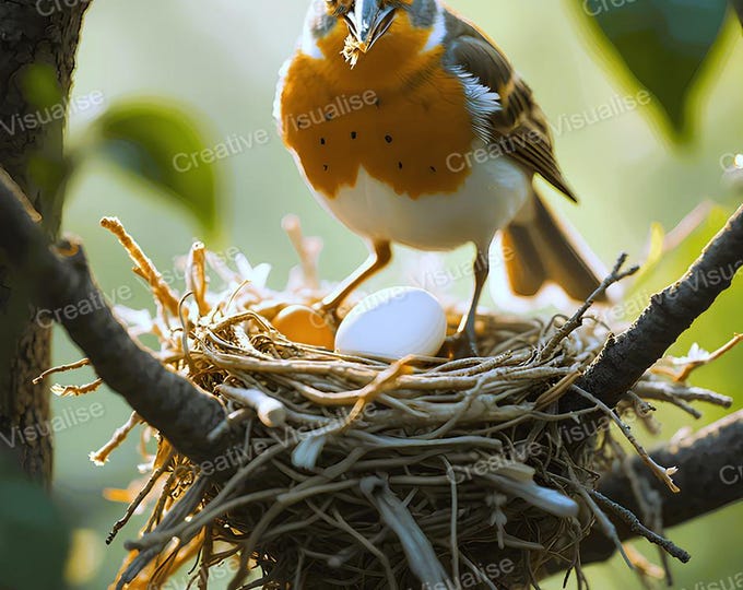 Bird Making Nest with Eggs Printable Wall Art, Digital PNG PDF 300 DPI