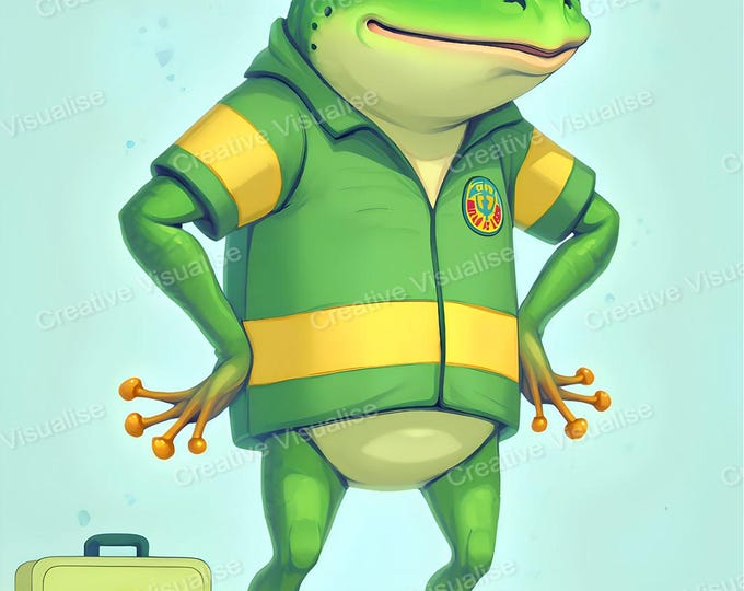 Fantasy Frog Paramedic Wearing Emergency Uniform and Carrying First Aid Kit – Whimsical Character Art