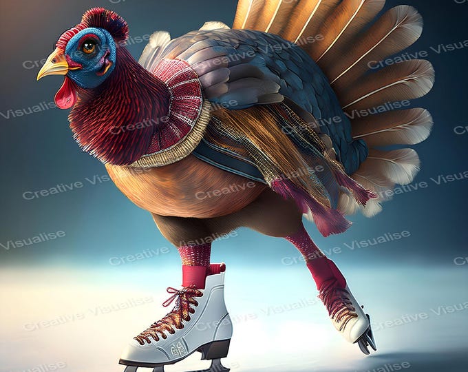 Fantasy Turkey Ice Skating in Winter Clothes – Whimsical Holiday Animal Digital Artwork