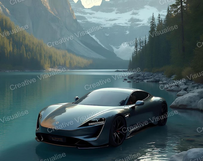 Car Parked Beside Mountain Valley Lake with Snowy Peaks and Pine Trees