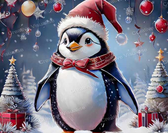 Penguin with Christmas Hat, Pine Trees and Festive Decorations in Winter Snow Holiday Print