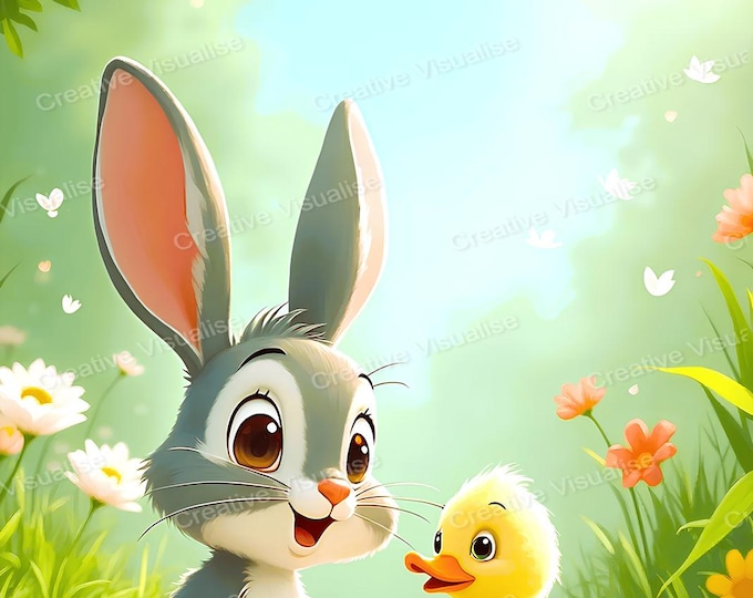 Duckling and Baby Rabbit Cartoon Wall Art Printable | Whimsical Animal Digital Download PDF & PNG