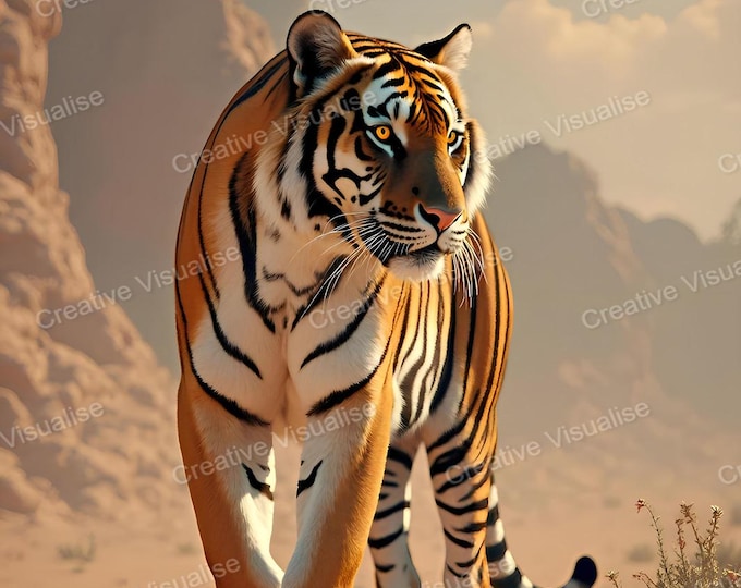Tiger in Desert Scrubland Landscape – Striking Wildlife Nature Wall Art