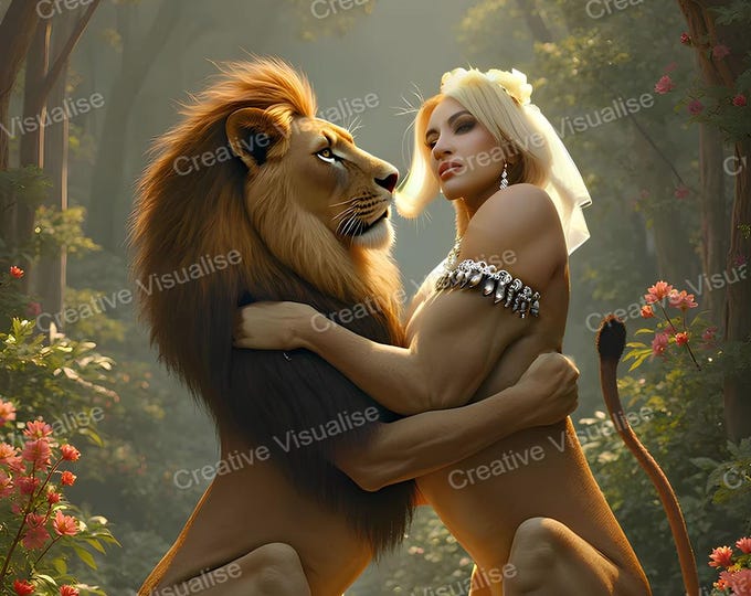 Male Lion and Female Lion with Human Faces Fantasy Photo —Surreal Love in Forest