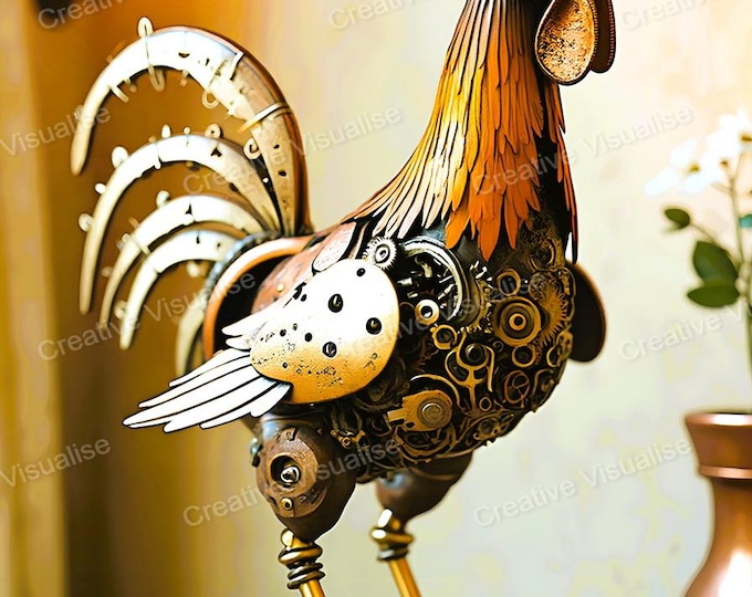 Robotic Rooster Wall Art Printable | Futuristic Bird Digital Download PDF & JPEG