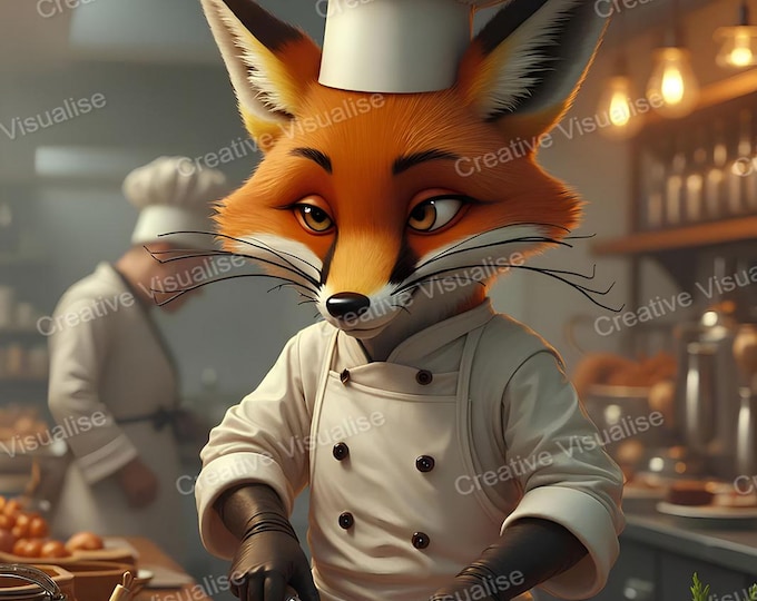 Fantasy Fox Chef in Uniform Chopping Onions and Cooking in Kitchen Whimsical Culinary Animal