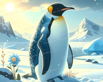 Ein Pinguin in verschneiter Polarlandschaft mit Bergen und Blumen, die zum Horizont blickt