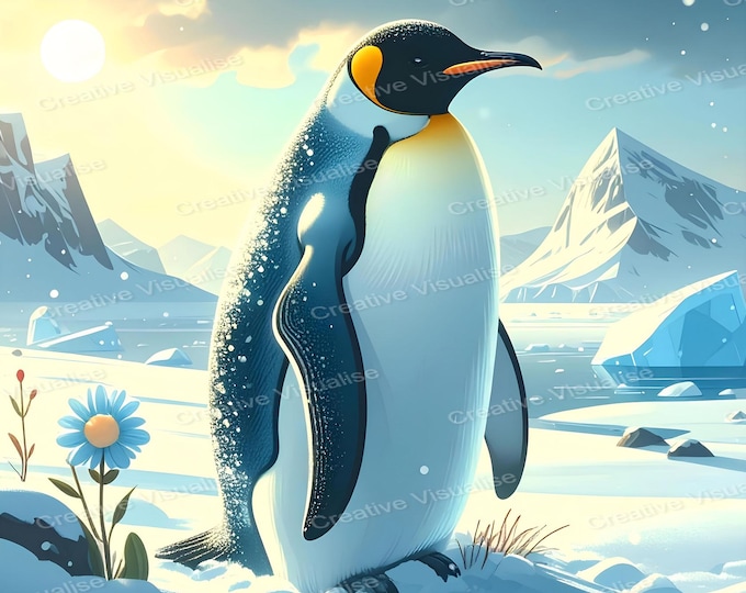 Penguin Standing in Snowy Polar Landscape with Mountains and Flower Looking Toward Horizon