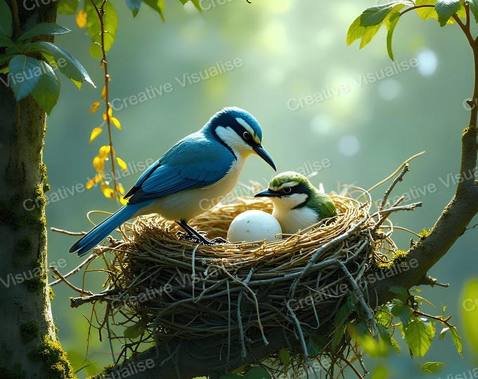 Blue Couple Birds Nesting on Branch Printable Wall Art, Digital PNG PDF 300 DPI