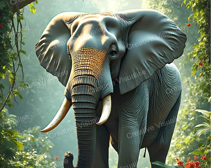 Solitary Elephant Standing in Lush Jungle with Flowers and Trees Surrounding Its Legs