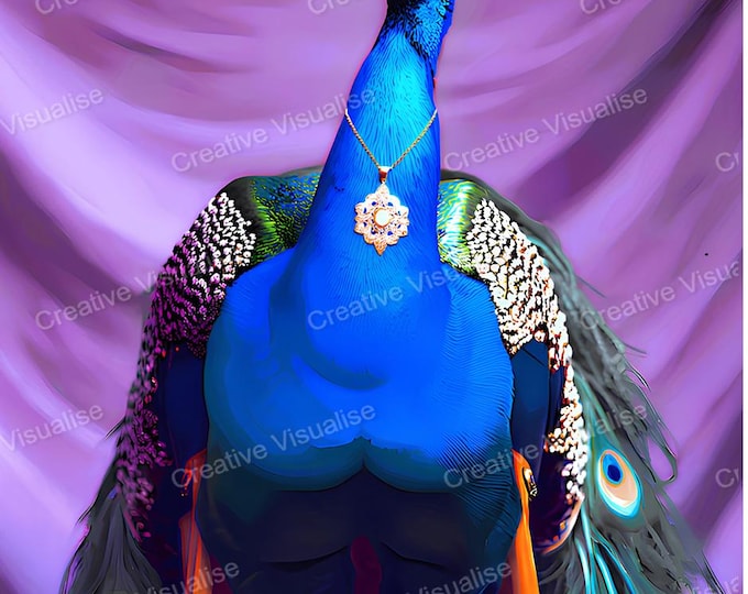 Peacock Wearing Woman Dress and Necklace Printable Wall Art Fashion Model Colorful Exotic Decor