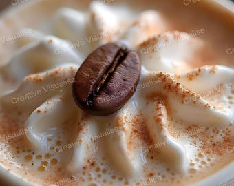 Zbliżenie na cappuccino z motywem kwiatowym na piance i ziarnem kawy dla miłośników kawy