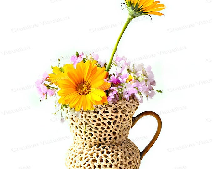 Rustic Vintage Colourful Flower Bouquet in Mesh Clay Pot Printable Wall Art Decor